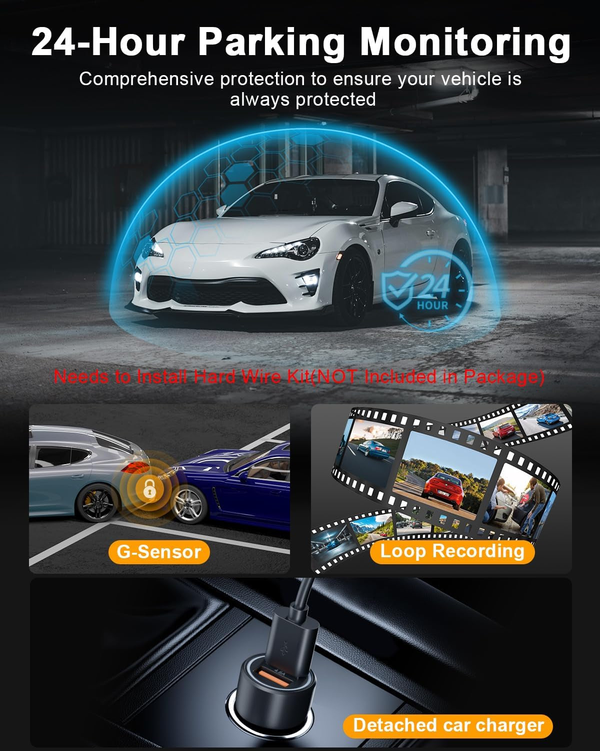 Dash Cam Front and Rear Camera, 4K+1080P Dual Dashcams for Cars with 64GB SD Card, 3.0" IPS Dashcam with Reverse Assist, App Control, 24H Parking Mode, Super Night Vision, Support Max 256GB