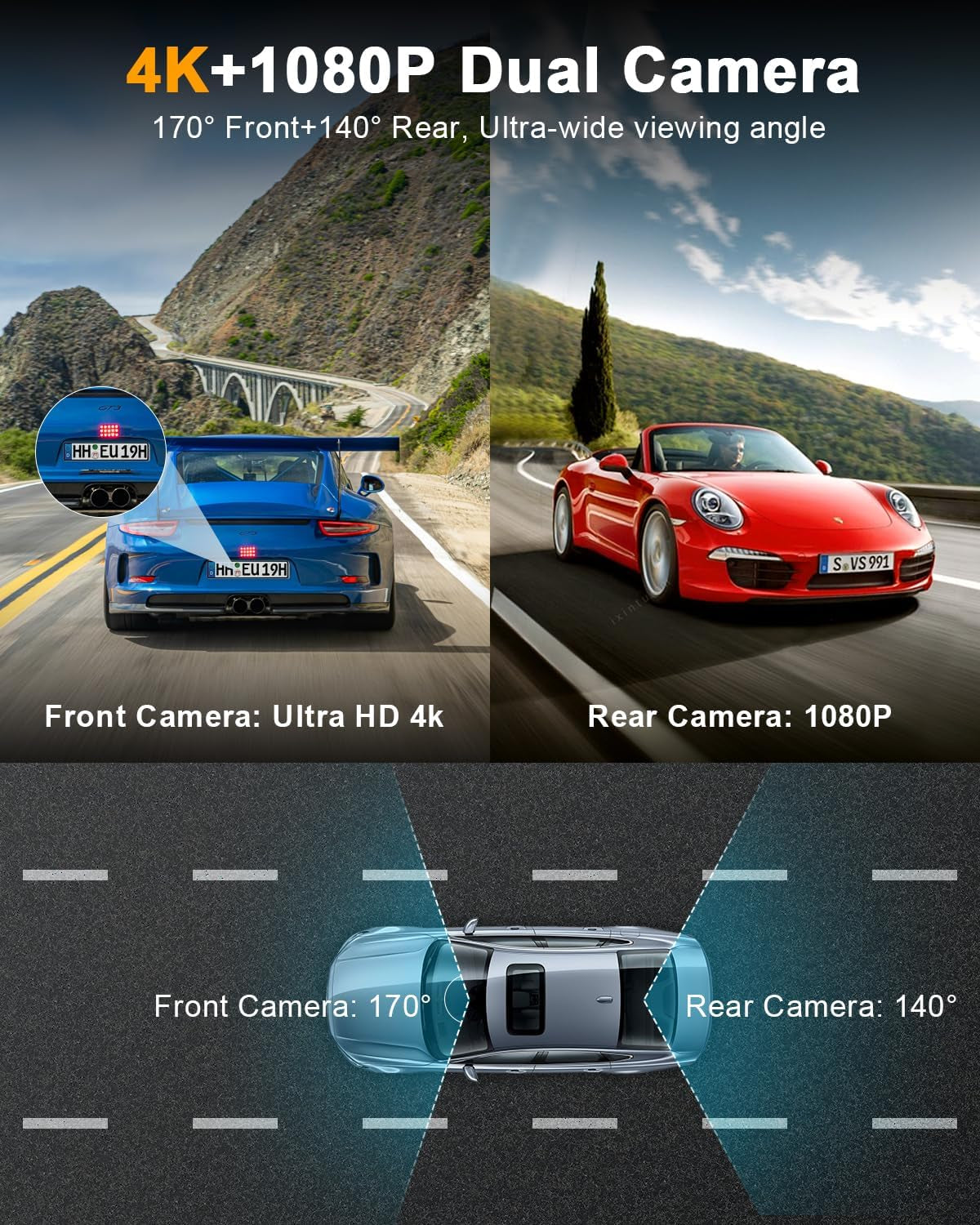 Dash Cam Front and Rear Camera, 4K+1080P Dual Dashcams for Cars with 64GB SD Card, 3.0" IPS Dashcam with Reverse Assist, App Control, 24H Parking Mode, Super Night Vision, Support Max 256GB