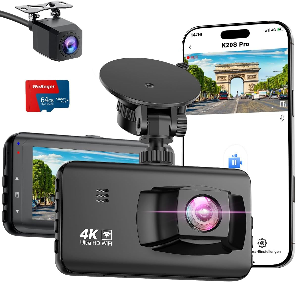 Dash Cam Front and Rear Camera, 4K+1080P Dual Dashcams for Cars with 64GB SD Card, 3.0" IPS Dashcam with Reverse Assist, App Control, 24H Parking Mode, Super Night Vision, Support Max 256GB
