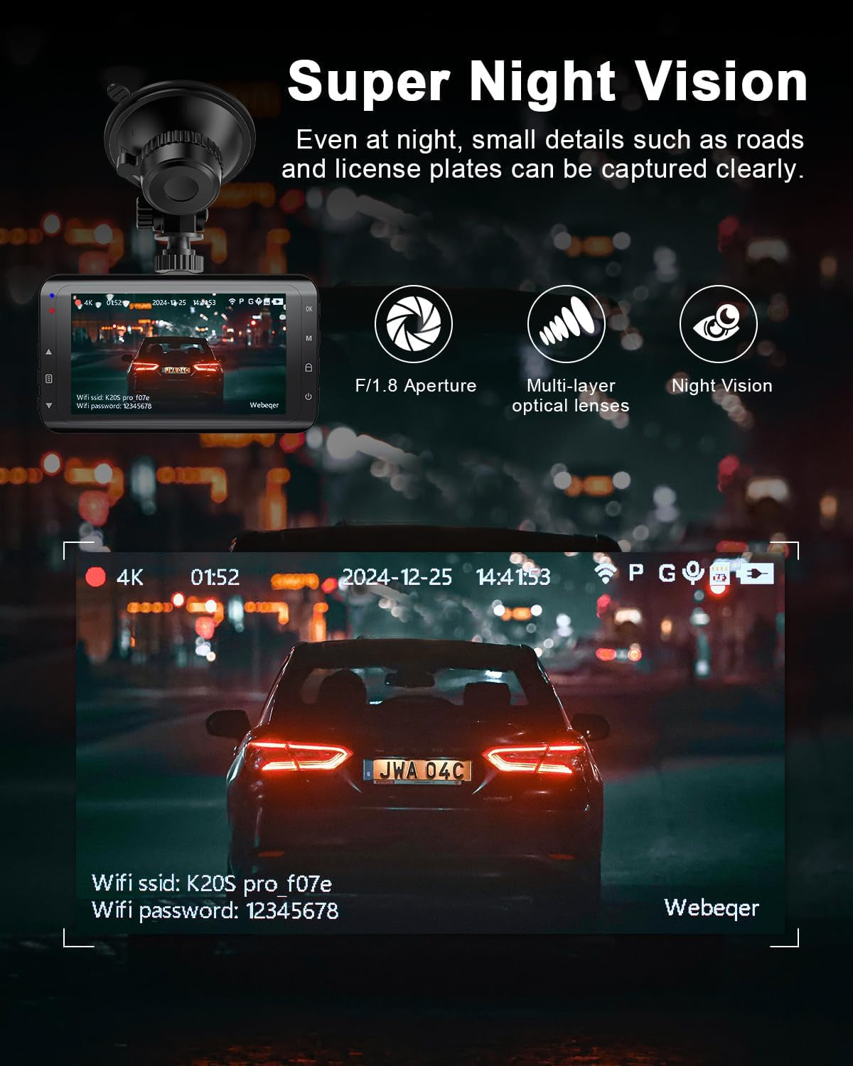 Dash Cam Front and Rear Camera, 4K+1080P Dual Dashcams for Cars with 64GB SD Card, 3.0" IPS Dashcam with Reverse Assist, App Control, 24H Parking Mode, Super Night Vision, Support Max 256GB