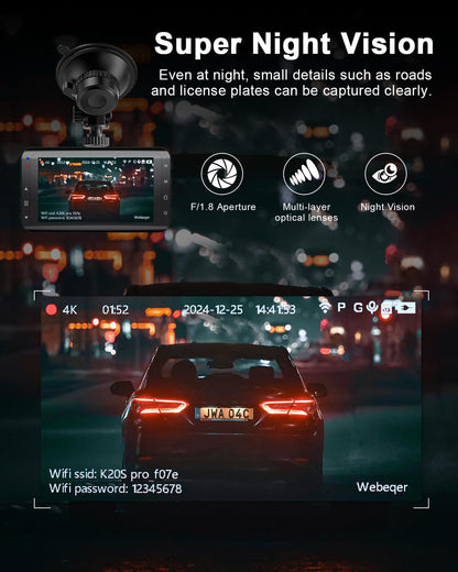 Dash Cam Front and Rear Camera, 4K+1080P Dual Dashcams for Cars with 64GB SD Card, 3.0" IPS Dashcam with Reverse Assist, App Control, 24H Parking Mode, Super Night Vision, Support Max 256GB