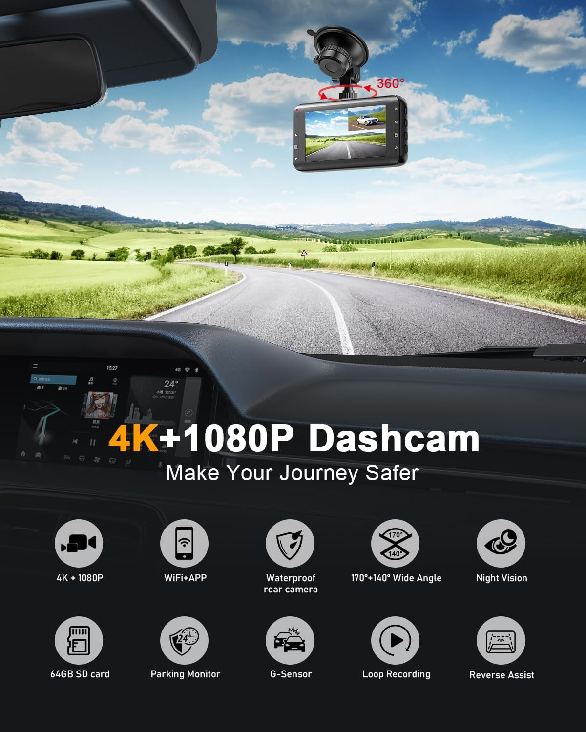 Dash Cam Front and Rear Camera, 4K+1080P Dual Dashcams for Cars with 64GB SD Card, 3.0" IPS Dashcam with Reverse Assist, App Control, 24H Parking Mode, Super Night Vision, Support Max 256GB