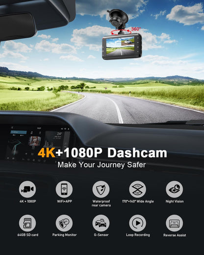Dash Cam Front and Rear Camera, 4K+1080P Dual Dashcams for Cars with 64GB SD Card, 3.0" IPS Dashcam with Reverse Assist, App Control, 24H Parking Mode, Super Night Vision, Support Max 256GB